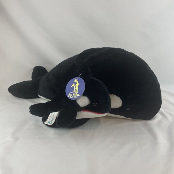 Vtg SeaWorld Orca Killer Whale And Calf 22” Plush Shamu Black Mom & Baby RARE - Picture 1 of 8